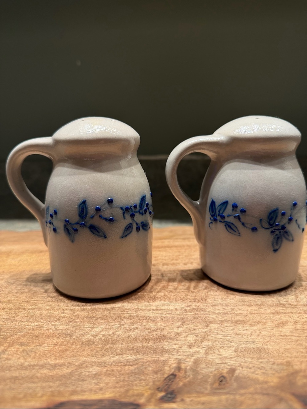 Vintage Salmon Falls Stoneware Blueberry Vine Salt & Pepper Shakers Handled Set
